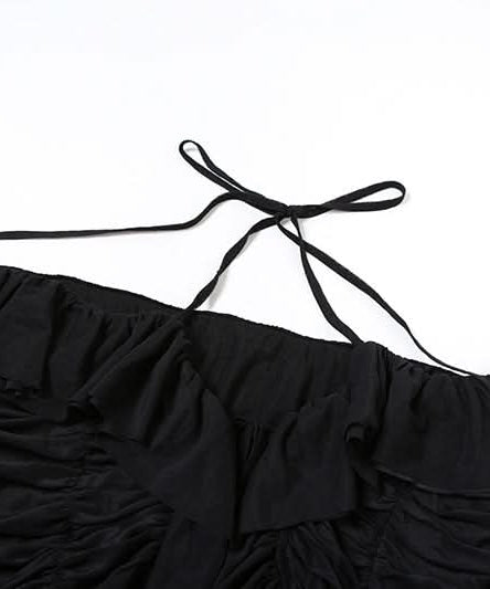 Enchanting Gothic Mesh Ruffle Mini Skirt Set | Halter Off-Shoulder Top for Halloween & Club Nights