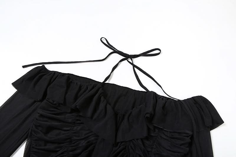 Enchanting Gothic Mesh Ruffle Mini Skirt Set | Halter Off-Shoulder Top for Halloween & Club Nights