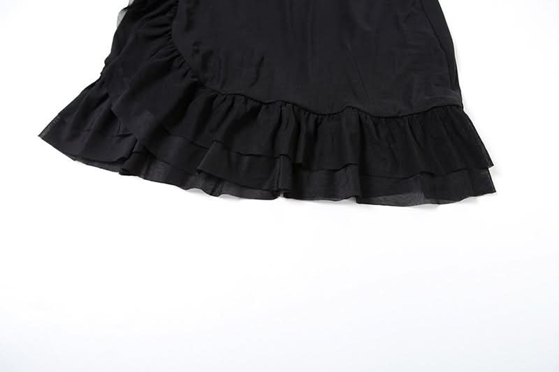 Enchanting Gothic Mesh Ruffle Mini Skirt Set | Halter Off-Shoulder Top for Halloween & Club Nights