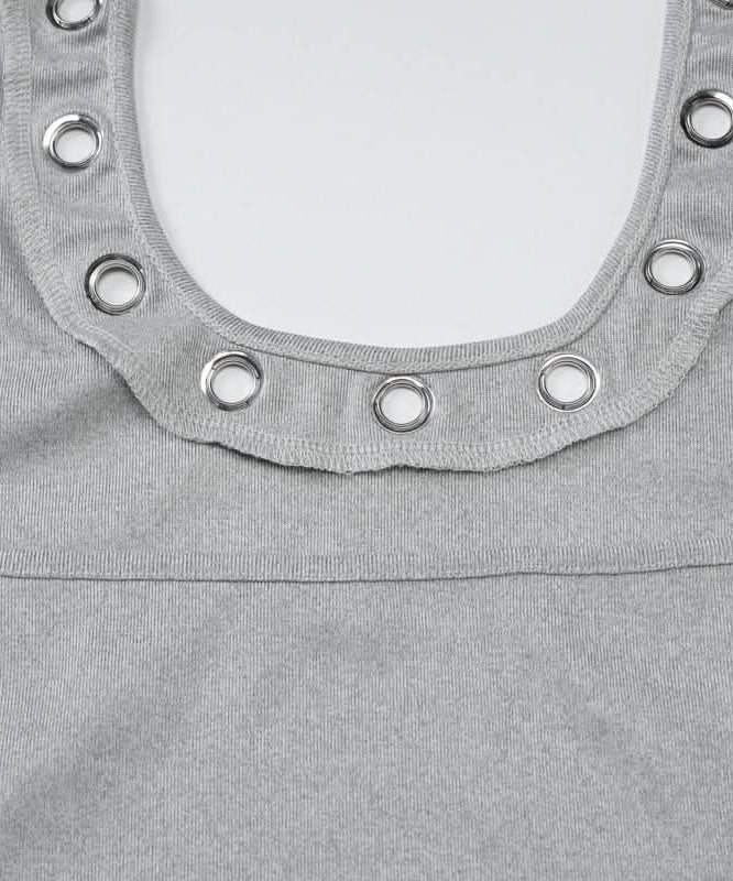 Sleek & Edgy: Grey Halter Top with Silver Grommets | Y2K Style for Fall Parties & Night Out
