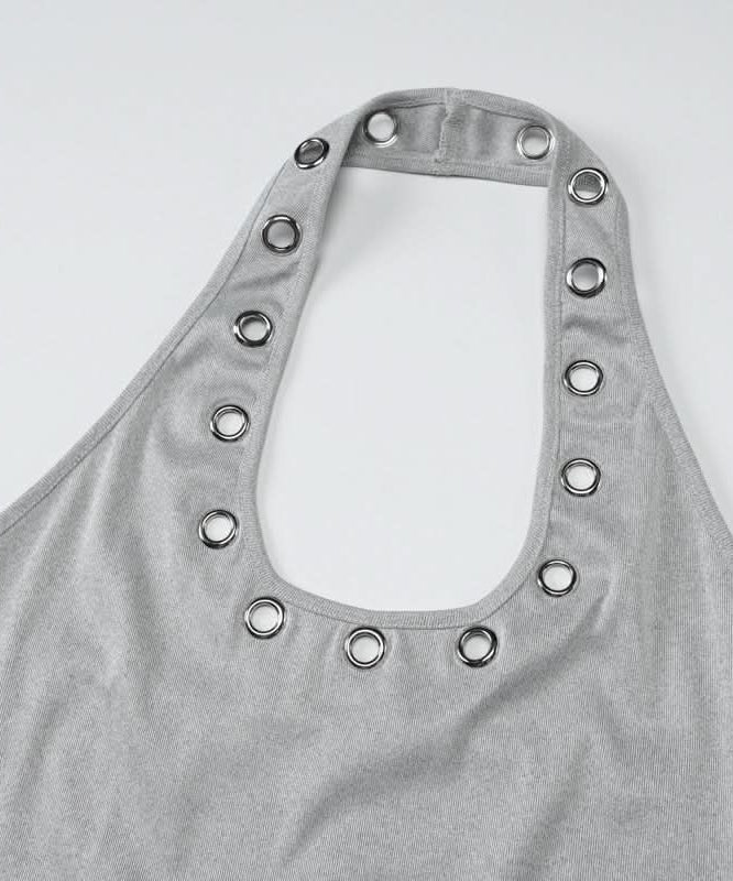 Sleek & Edgy: Grey Halter Top with Silver Grommets | Y2K Style for Fall Parties & Night Out