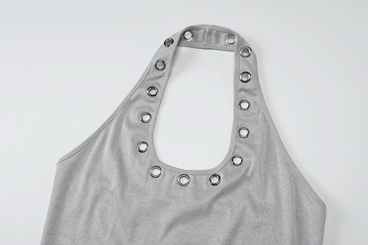 Sleek & Edgy: Grey Halter Top with Silver Grommets | Y2K Style for Fall Parties & Night Out
