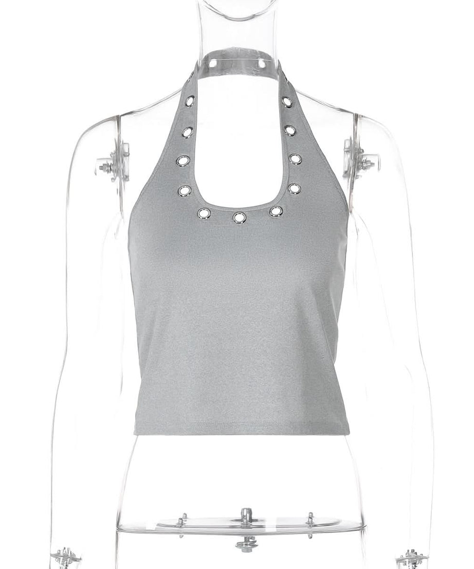 Sleek & Edgy: Grey Halter Top with Silver Grommets | Y2K Style for Fall Parties & Night Out
