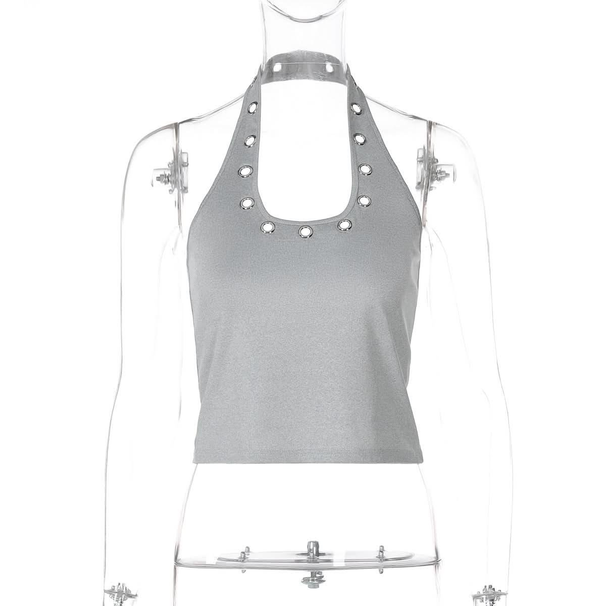 Sleek & Edgy: Grey Halter Top with Silver Grommets | Y2K Style for Fall Parties & Night Out