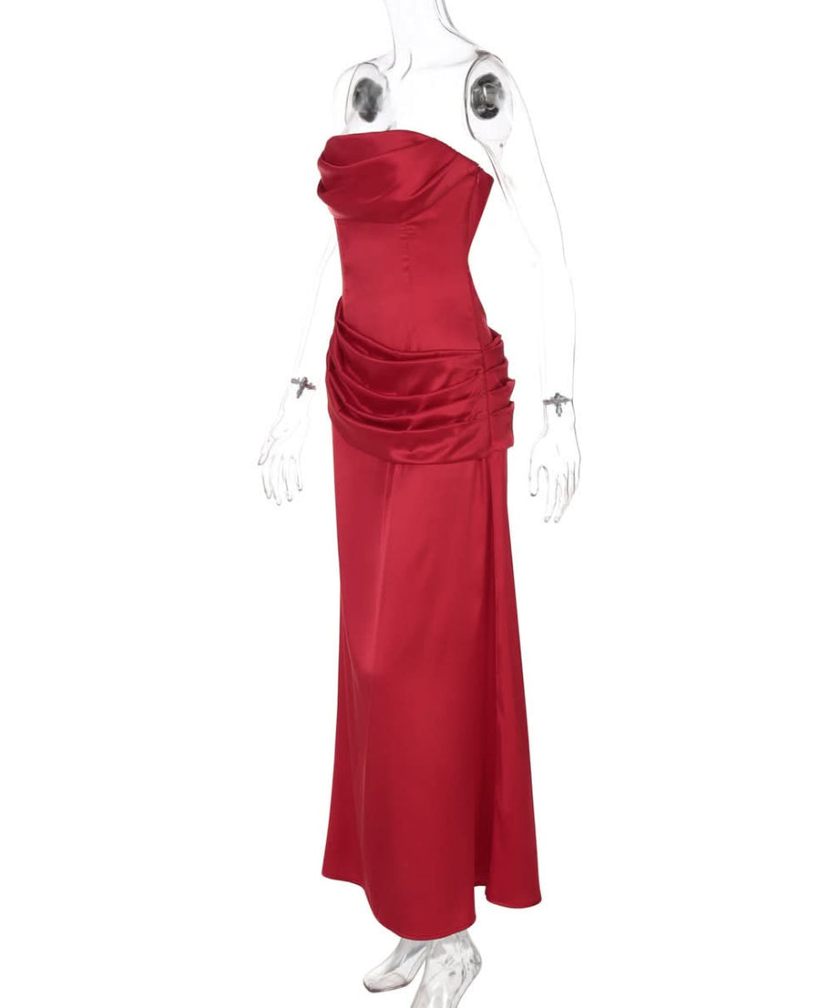 Glamorous Red Satin Strapless Maxi Gown - Holiday Party & Fall Gala Ready