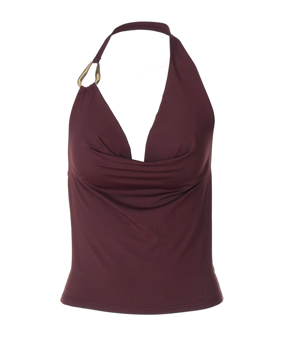 The Ultimate Fall & Holiday Halter: Burgundy Cowl Neck Top with Gold Ring Detail – Effortless Chic for Date Nights & Parties