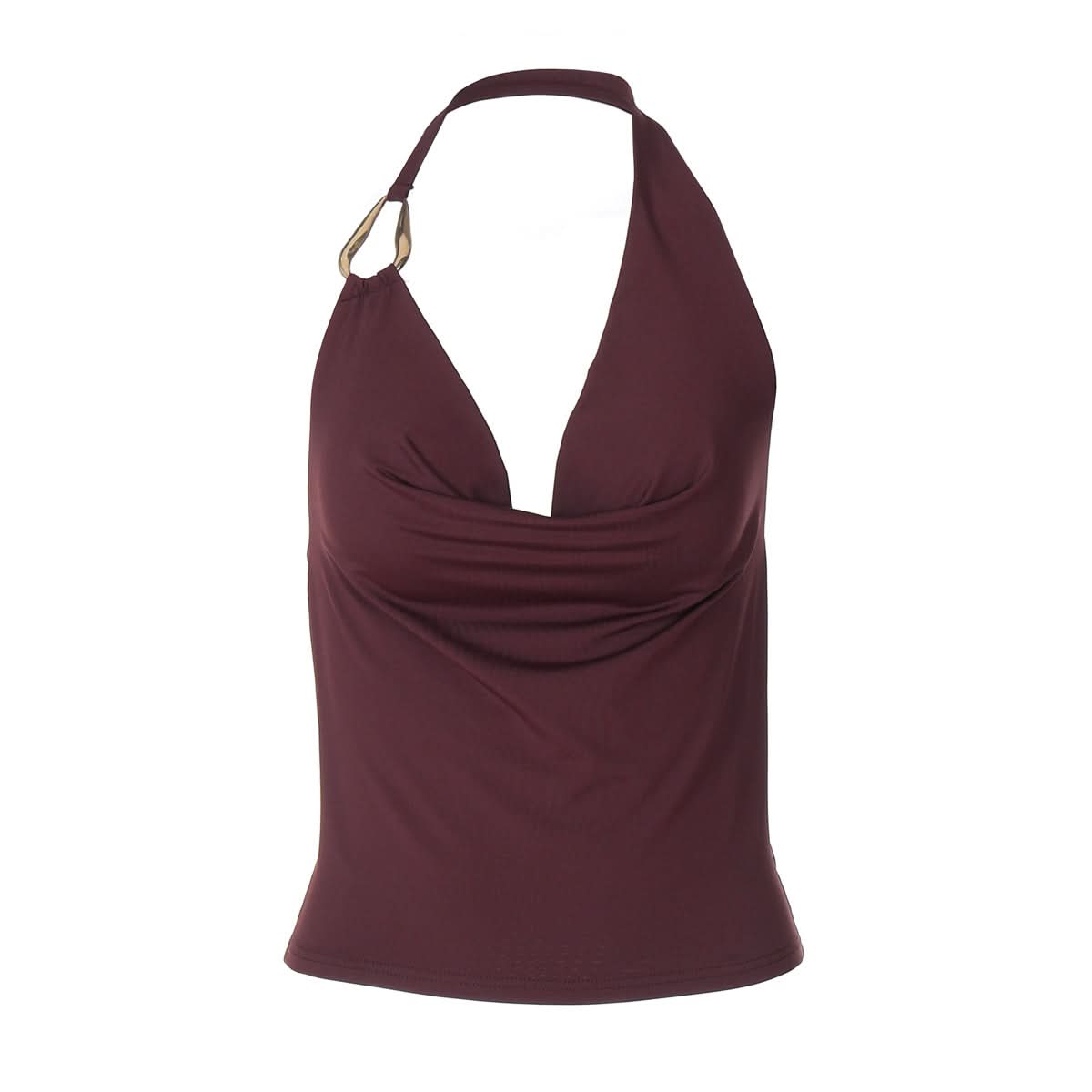 The Ultimate Fall & Holiday Halter: Burgundy Cowl Neck Top with Gold Ring Detail – Effortless Chic for Date Nights & Parties