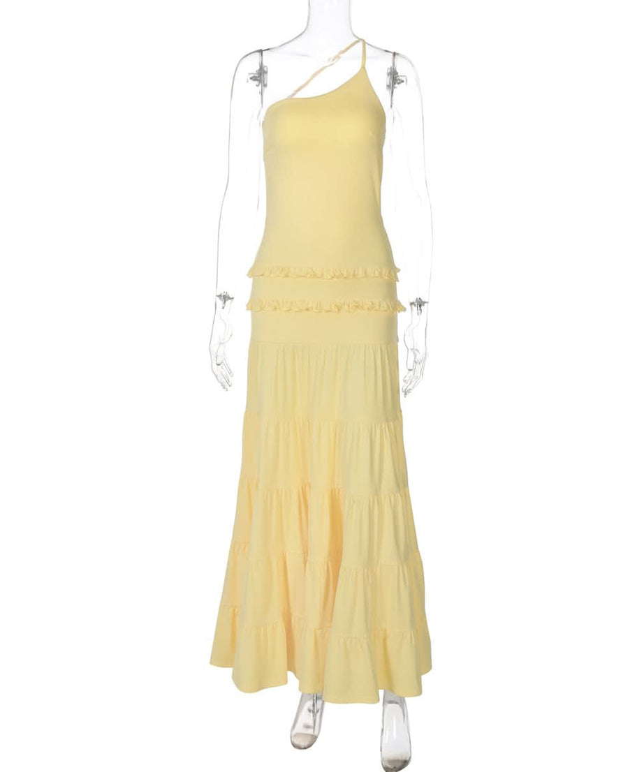 Effortless Golden Hour Glow: One-Shoulder Ruffle Tiered Maxi Dress