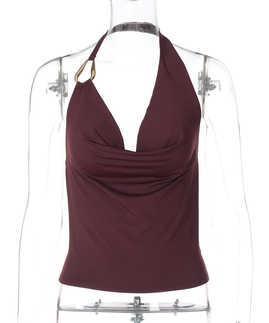 The Ultimate Fall & Holiday Halter: Burgundy Cowl Neck Top with Gold Ring Detail – Effortless Chic for Date Nights & Parties