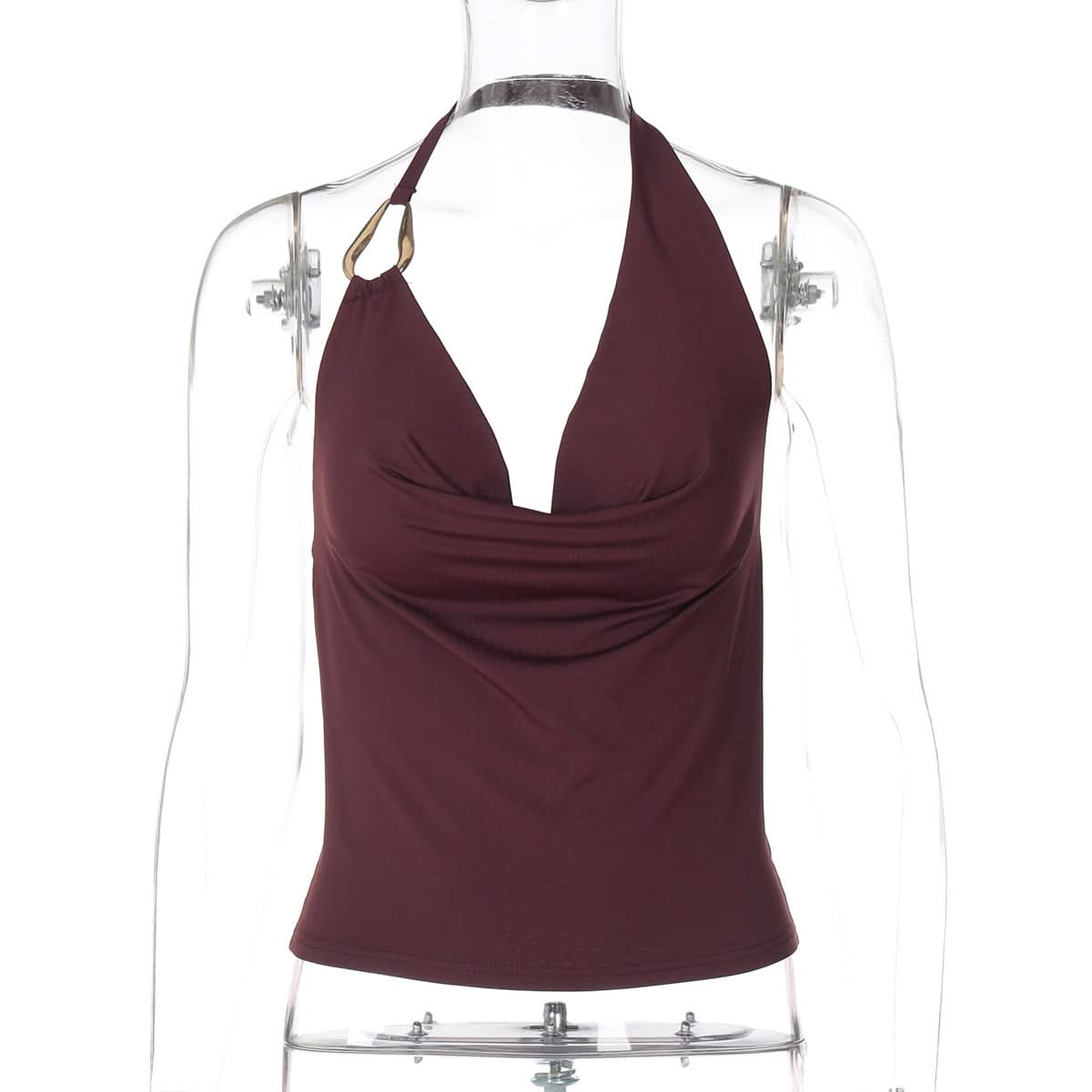 The Ultimate Fall & Holiday Halter: Burgundy Cowl Neck Top with Gold Ring Detail – Effortless Chic for Date Nights & Parties