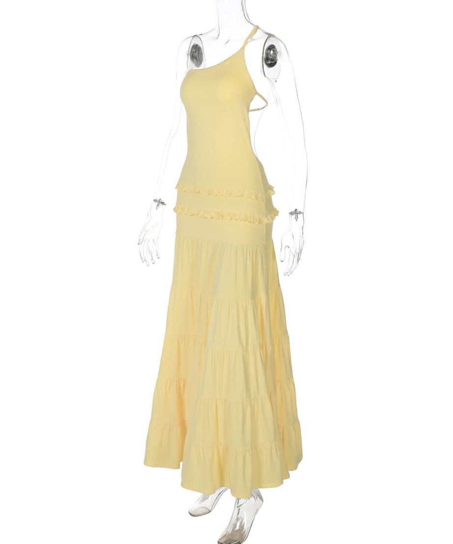 Effortless Golden Hour Glow: One-Shoulder Ruffle Tiered Maxi Dress