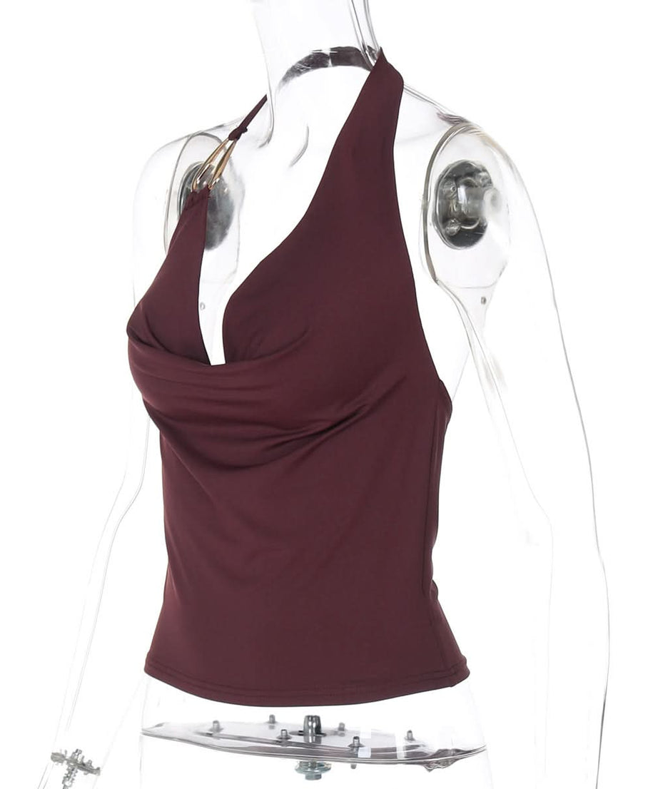 The Ultimate Fall & Holiday Halter: Burgundy Cowl Neck Top with Gold Ring Detail – Effortless Chic for Date Nights & Parties