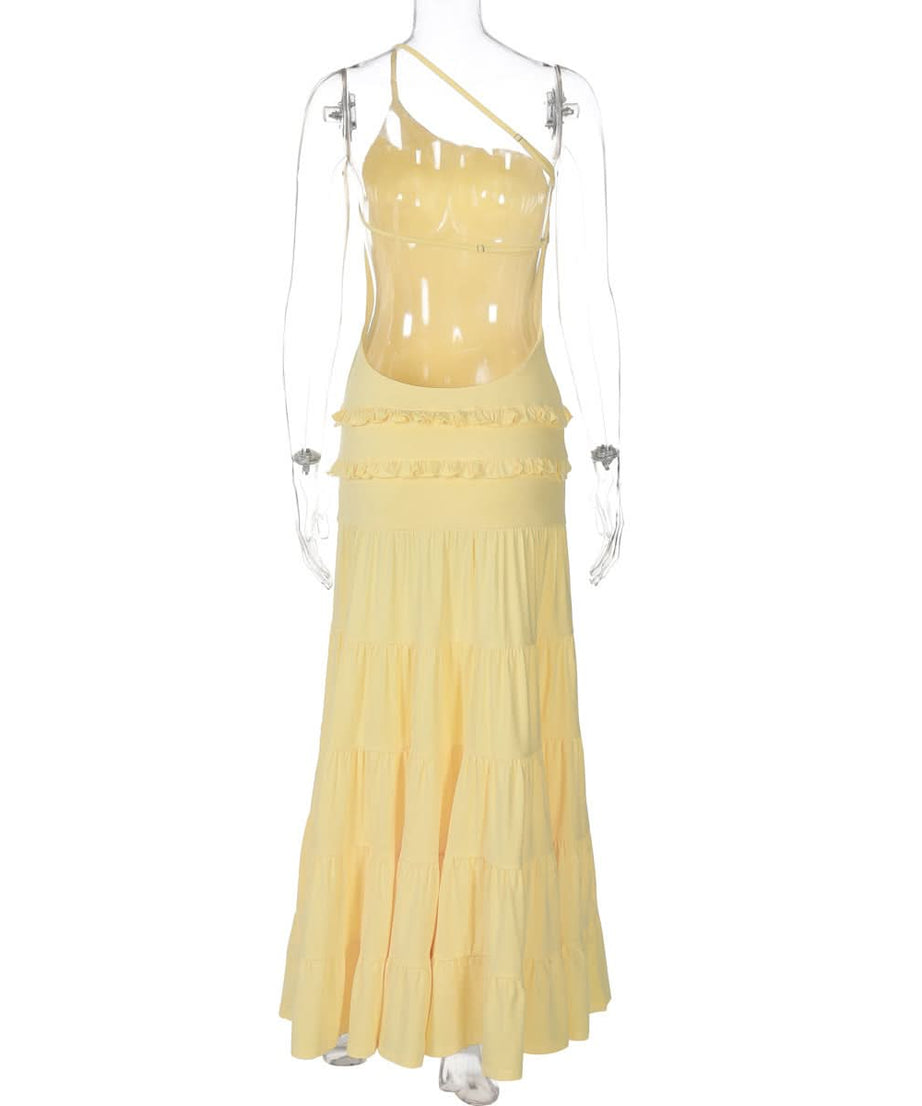 Effortless Golden Hour Glow: One-Shoulder Ruffle Tiered Maxi Dress