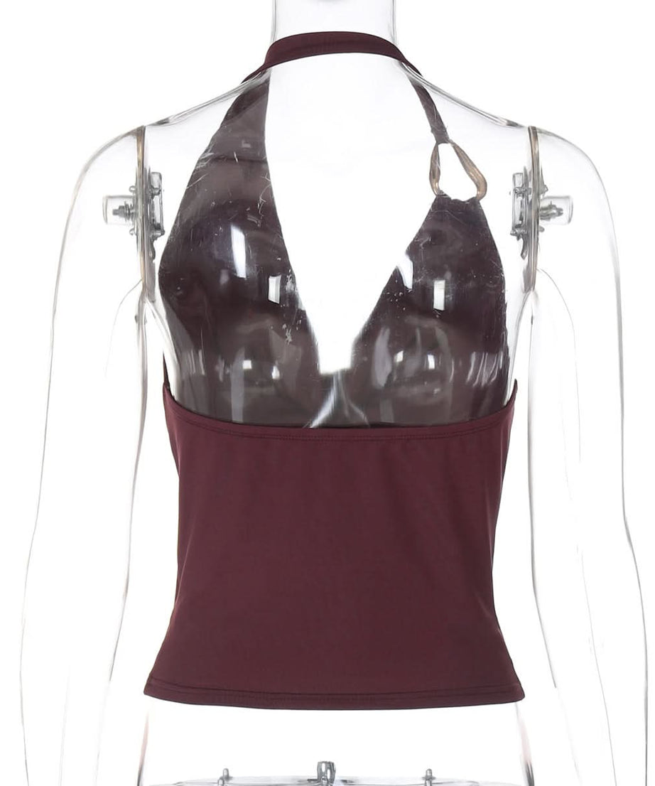 The Ultimate Fall & Holiday Halter: Burgundy Cowl Neck Top with Gold Ring Detail – Effortless Chic for Date Nights & Parties