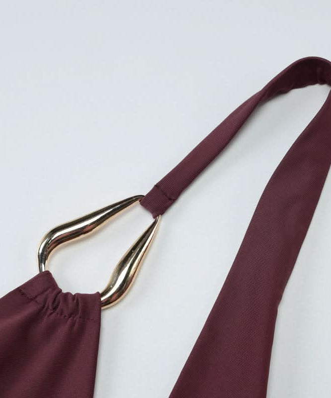 The Ultimate Fall & Holiday Halter: Burgundy Cowl Neck Top with Gold Ring Detail – Effortless Chic for Date Nights & Parties