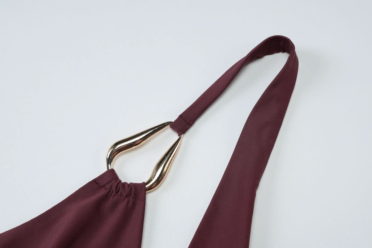 The Ultimate Fall & Holiday Halter: Burgundy Cowl Neck Top with Gold Ring Detail – Effortless Chic for Date Nights & Parties