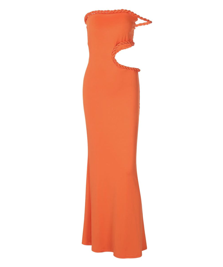 Tangerine Dream: The Daring Side Cut-Out Maxi Dress with Rope Trim – Your Statement Piece for Fall Getaways & Holiday Parties