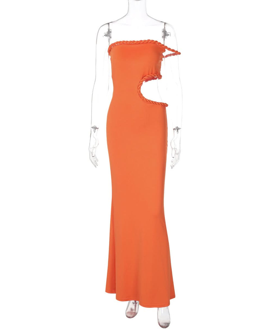 Tangerine Dream: The Daring Side Cut-Out Maxi Dress with Rope Trim – Your Statement Piece for Fall Getaways & Holiday Parties