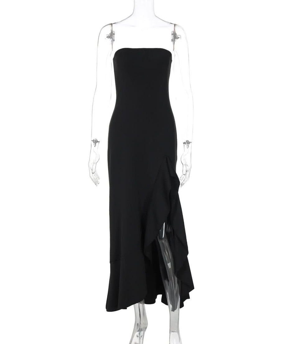 Effortless Glamour: Black Strapless High-Low Ruffle Maxi Dress | Your Ultimate Fall & Holiday Party Look
