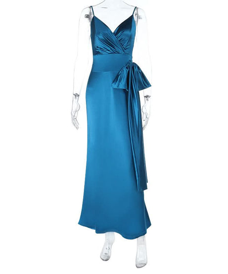 Glamorous Peacock Blue Satin Maxi Dress with Bow Detail | Holiday & Event Ready