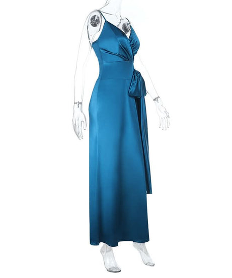 Glamorous Peacock Blue Satin Maxi Dress with Bow Detail | Holiday & Event Ready