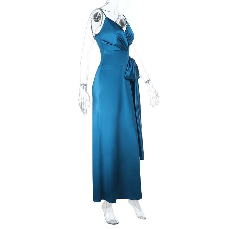 Glamorous Peacock Blue Satin Maxi Dress with Bow Detail | Holiday & Event Ready