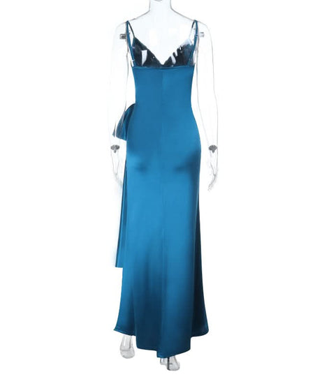 Glamorous Peacock Blue Satin Maxi Dress with Bow Detail | Holiday & Event Ready