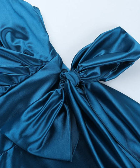 Glamorous Peacock Blue Satin Maxi Dress with Bow Detail | Holiday & Event Ready