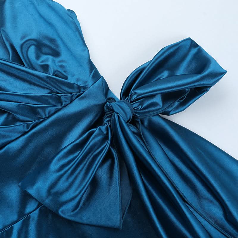 Glamorous Peacock Blue Satin Maxi Dress with Bow Detail | Holiday & Event Ready