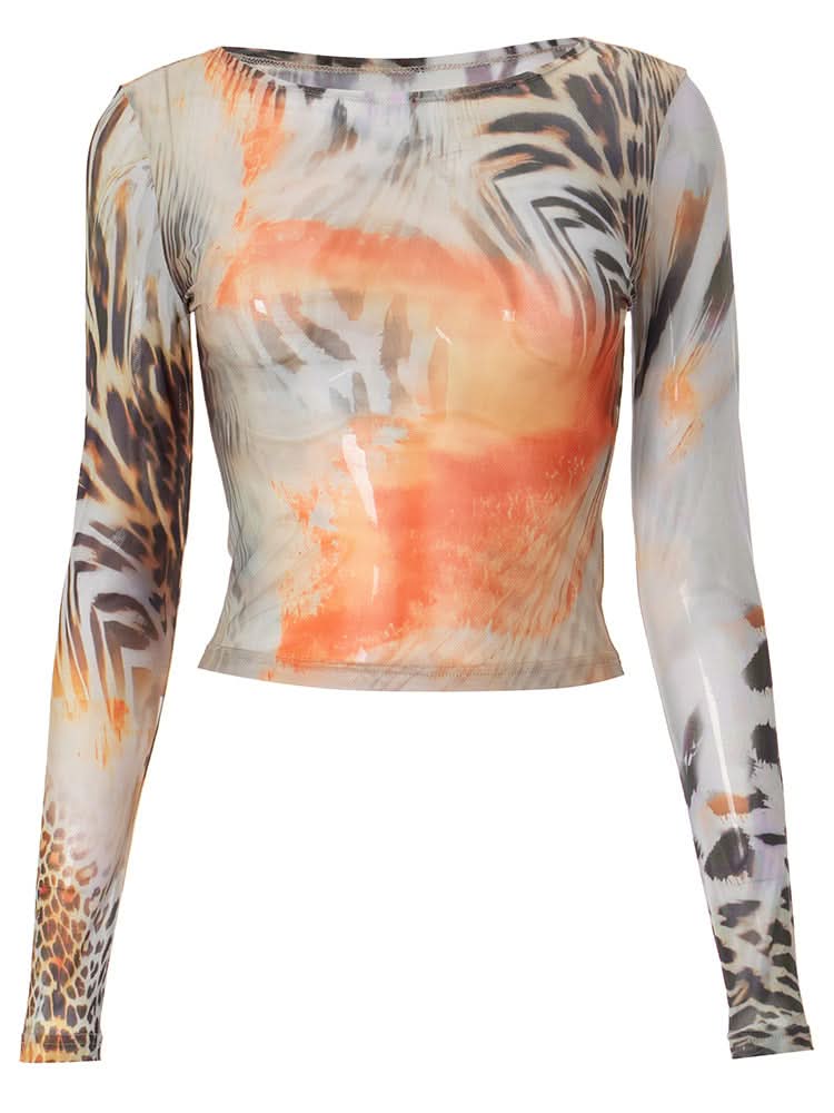 Fierce Fall Abstract Animal Print Mesh Long Sleeve Top - Orange Haze Y2K Style