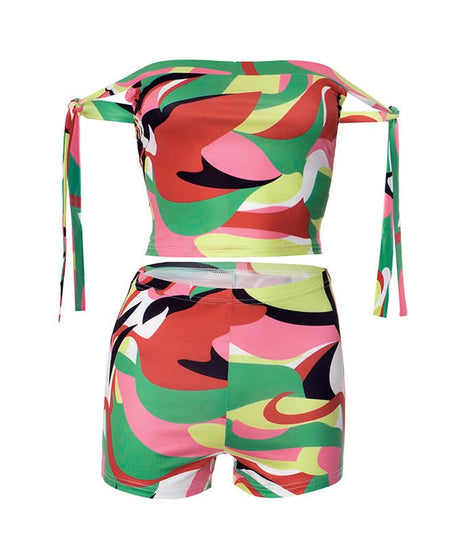 Effortless Vacay Vibes: Abstract Print Off-Shoulder Tie Crop Top & Shorts Set