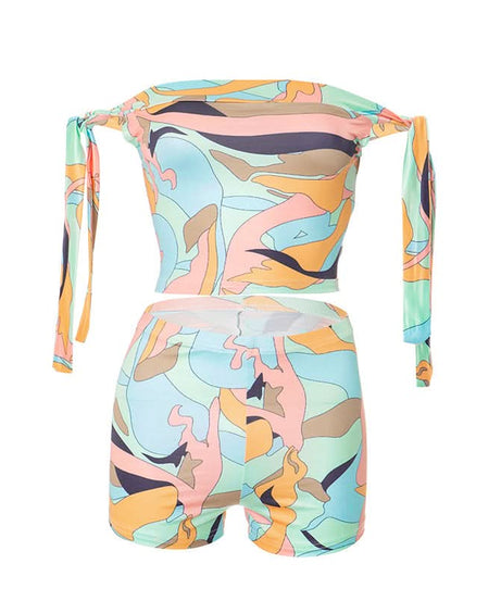 Effortless Vacay Vibes: Abstract Print Off-Shoulder Tie Crop Top & Shorts Set