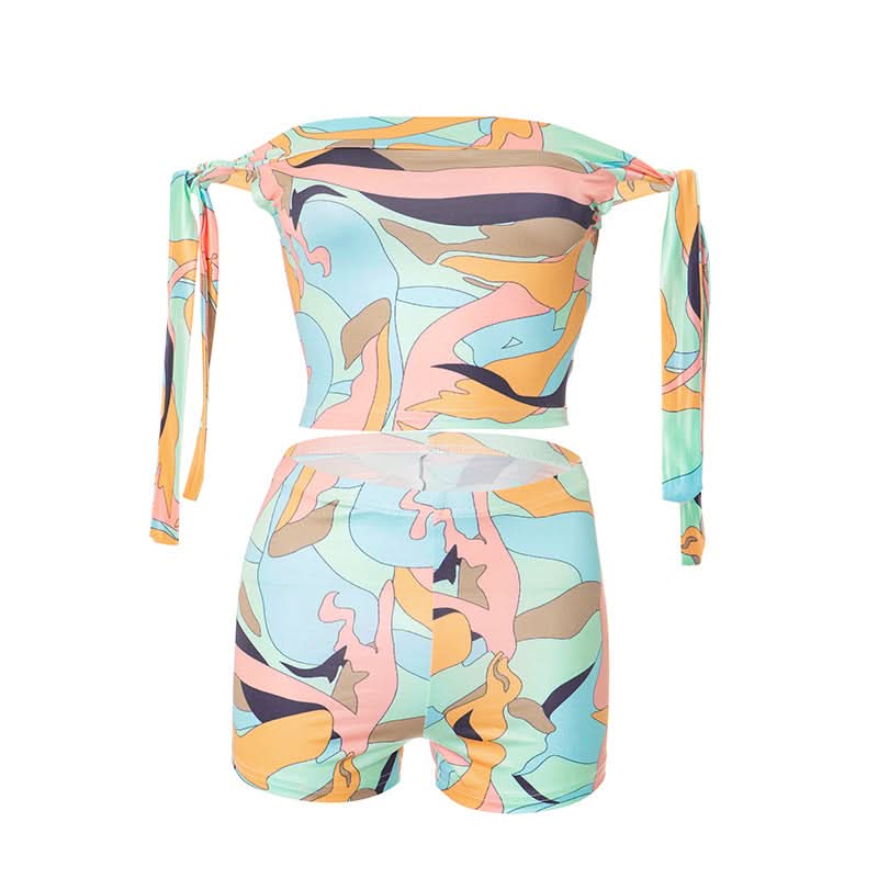 Effortless Vacay Vibes: Abstract Print Off-Shoulder Tie Crop Top & Shorts Set