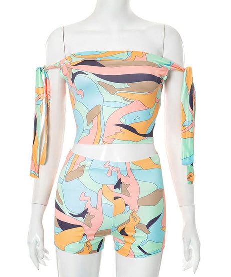 Effortless Vacay Vibes: Abstract Print Off-Shoulder Tie Crop Top & Shorts Set