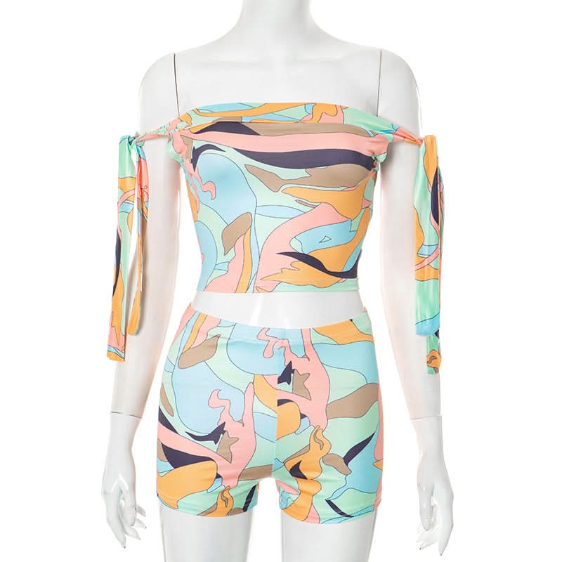 Effortless Vacay Vibes: Abstract Print Off-Shoulder Tie Crop Top & Shorts Set
