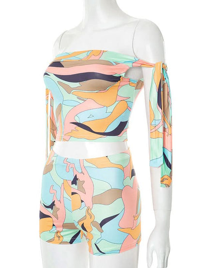 Effortless Vacay Vibes: Abstract Print Off-Shoulder Tie Crop Top & Shorts Set
