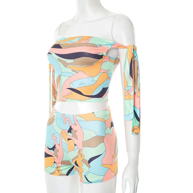 Effortless Vacay Vibes: Abstract Print Off-Shoulder Tie Crop Top & Shorts Set