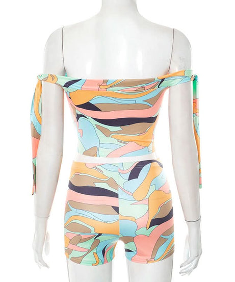 Effortless Vacay Vibes: Abstract Print Off-Shoulder Tie Crop Top & Shorts Set
