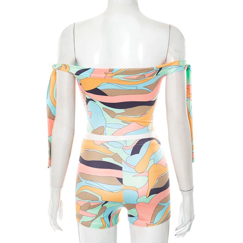Effortless Vacay Vibes: Abstract Print Off-Shoulder Tie Crop Top & Shorts Set