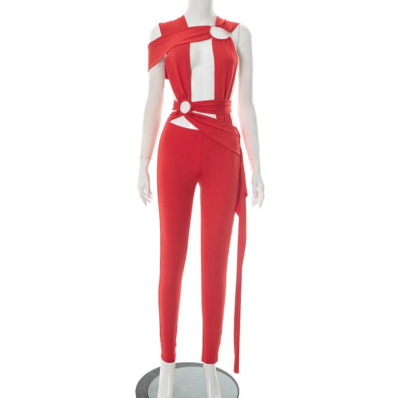 Striking Red Asymmetrical O-Ring Jumpsuit | Chic Cutout Wrap Tie for Fall & Holiday Parties