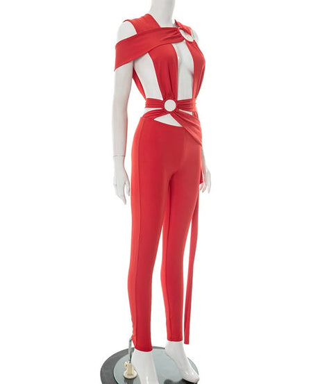 Striking Red Asymmetrical O-Ring Jumpsuit | Chic Cutout Wrap Tie for Fall & Holiday Parties