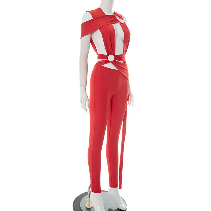 Striking Red Asymmetrical O-Ring Jumpsuit | Chic Cutout Wrap Tie for Fall & Holiday Parties