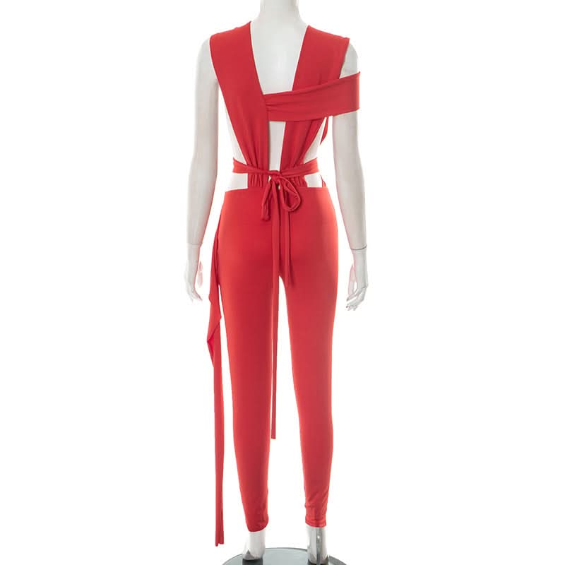 Striking Red Asymmetrical O-Ring Jumpsuit | Chic Cutout Wrap Tie for Fall & Holiday Parties