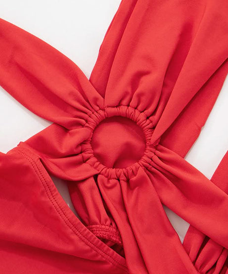 Striking Red Asymmetrical O-Ring Jumpsuit | Chic Cutout Wrap Tie for Fall & Holiday Parties