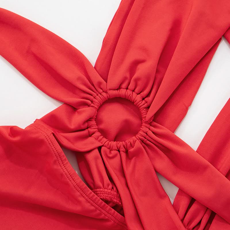 Striking Red Asymmetrical O-Ring Jumpsuit | Chic Cutout Wrap Tie for Fall & Holiday Parties