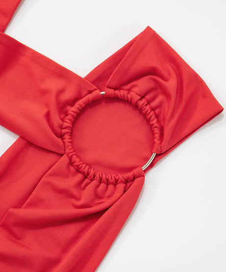 Striking Red Asymmetrical O-Ring Jumpsuit | Chic Cutout Wrap Tie for Fall & Holiday Parties