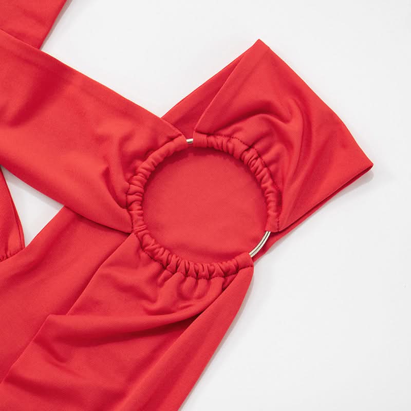 Striking Red Asymmetrical O-Ring Jumpsuit | Chic Cutout Wrap Tie for Fall & Holiday Parties