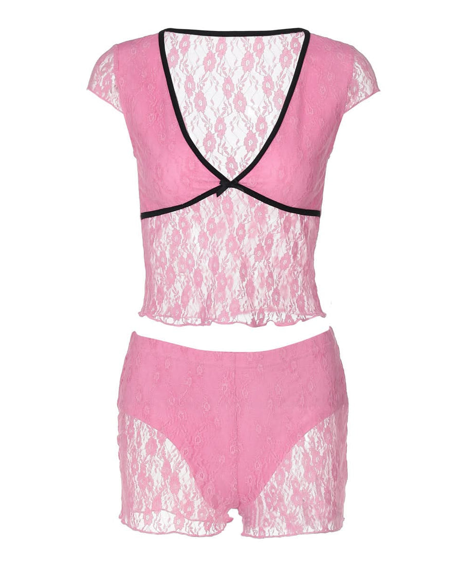 Flirty Rose Lace Pajama Set for Women | V-Neck Bowknot Top & Shorts | Cozy Fall Loungewear