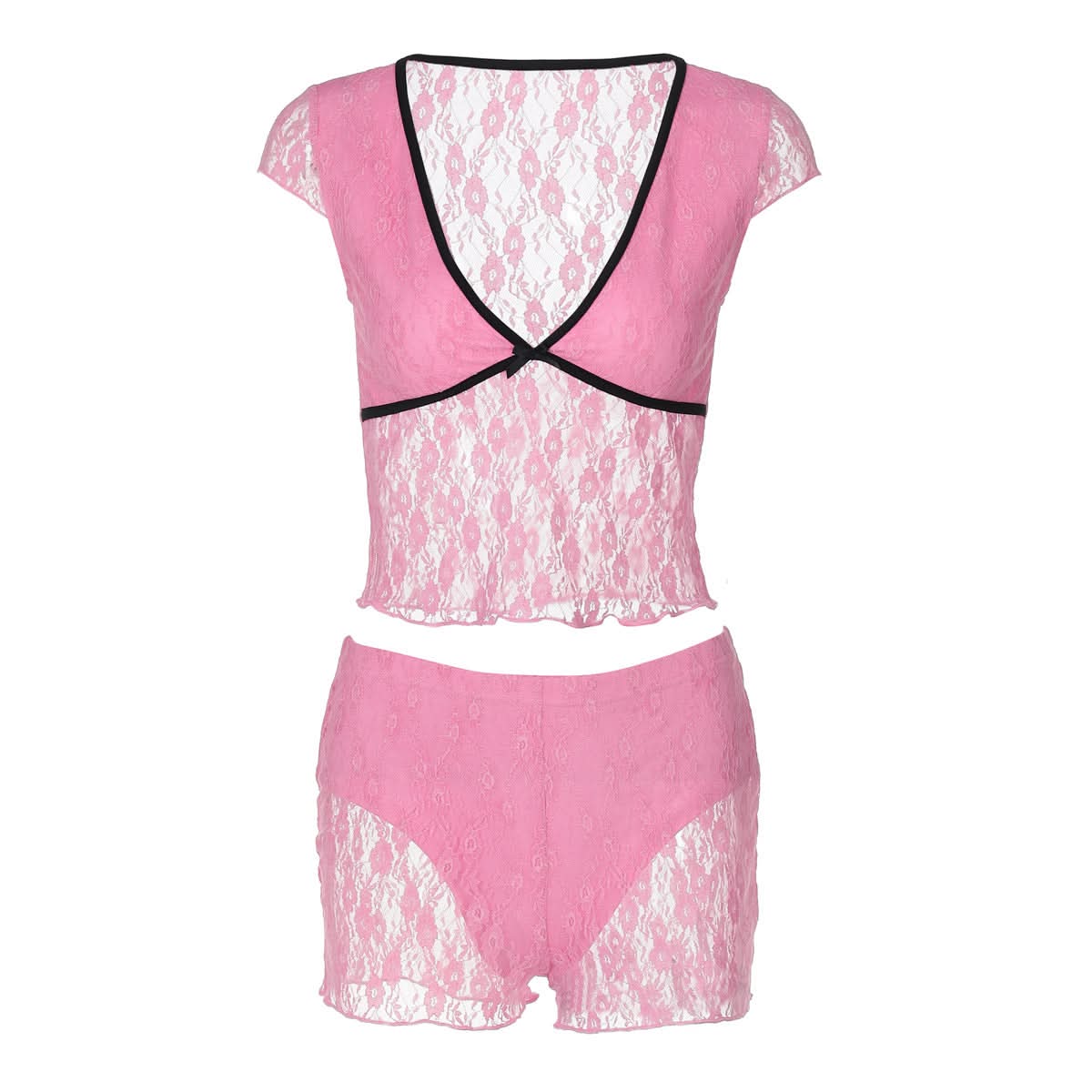 Flirty Rose Lace Pajama Set for Women | V-Neck Bowknot Top & Shorts | Cozy Fall Loungewear