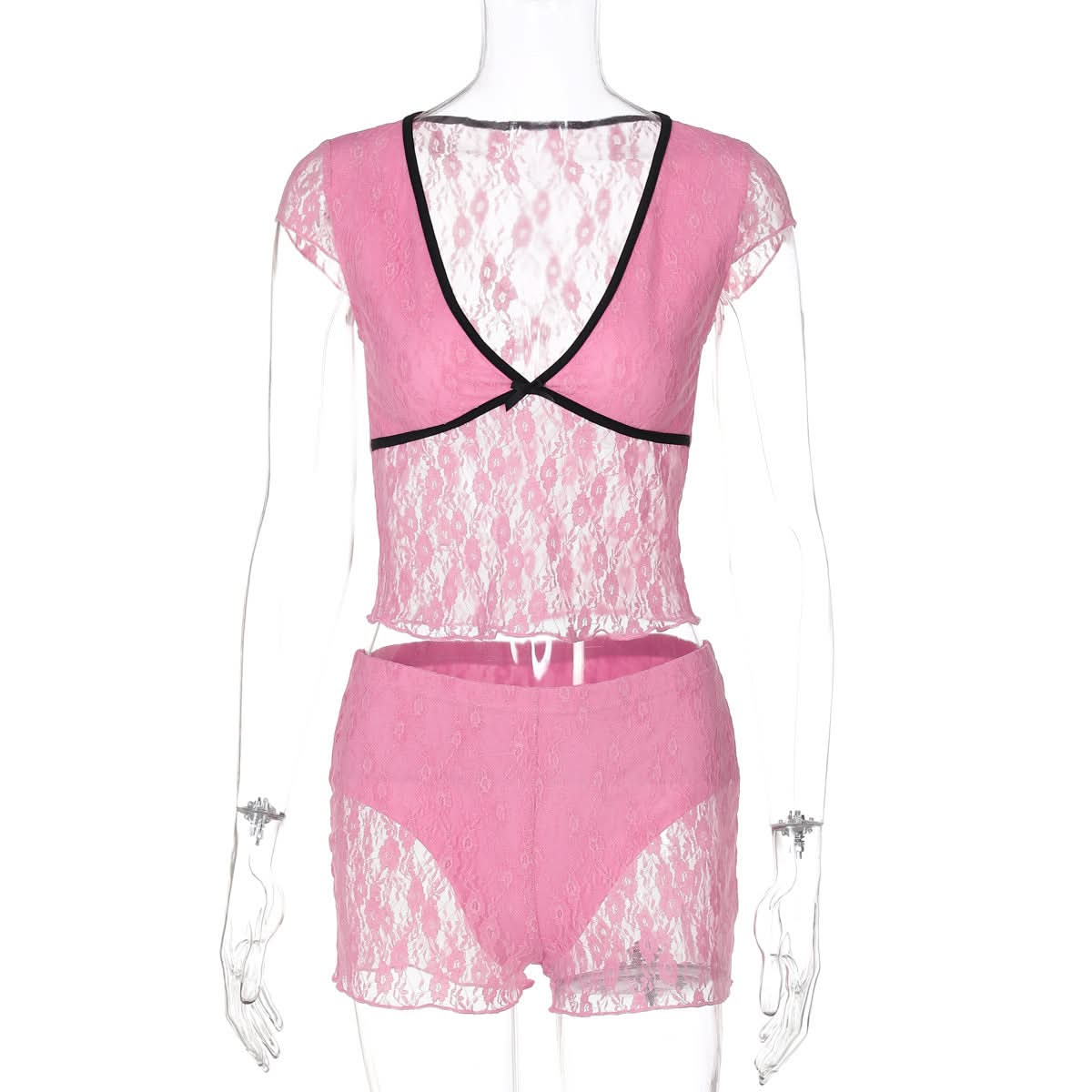 Flirty Rose Lace Pajama Set for Women | V-Neck Bowknot Top & Shorts | Cozy Fall Loungewear